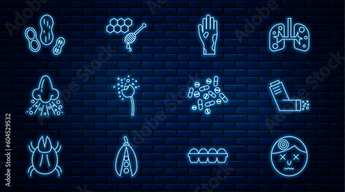 Set line Man having headache, Inhaler, Hand with psoriasis or eczema, Flower producing pollen, Runny nose, Peanut, Medicine pill tablet and Honeycomb honey dipper icon. Vector