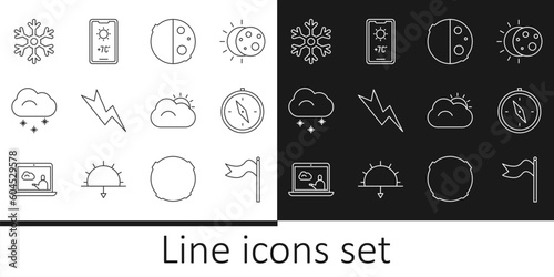 Set line Meteorology windsock wind vane, Compass, Eclipse of the sun, Lightning bolt, Cloud with snow, Snowflake, Sun and cloud and Weather forecast icon. Vector