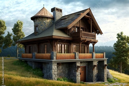 small 2 story house in the country, perched on the side of a hill, gabled roof, top-floor deck, L-shaped plan, wood, stone, tower with flat top. Generative Ai. © AT
