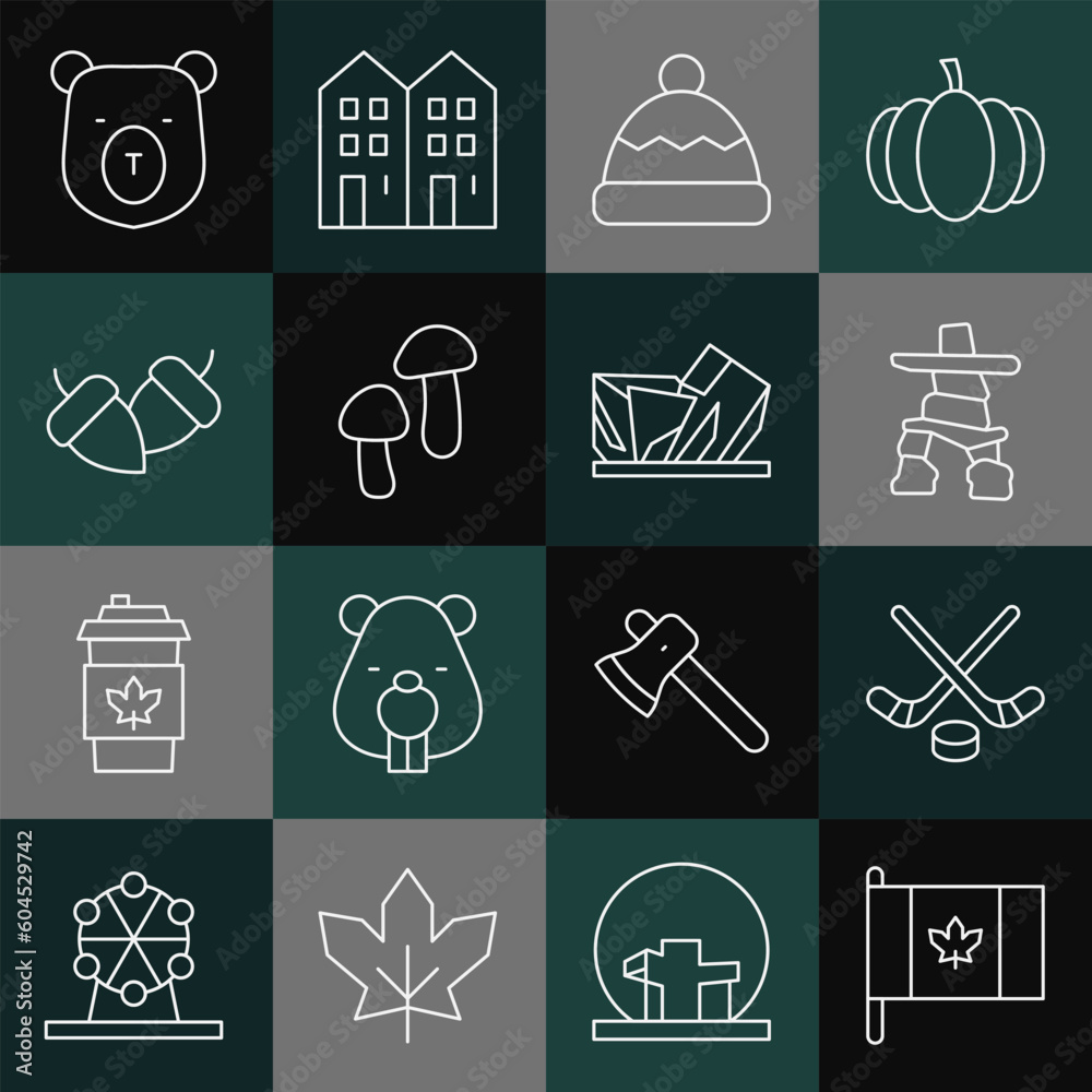 Set line Flag of Canada, Ice hockey sticks and puck, Inukshuk, Beanie hat, Mushroom, Acorn, Bear head and Royal Ontario museum icon. Vector Set line Flag of Canada, Ice hockey sticks and puck, Inukshuk, Beanie hat, Mushroom, Acorn, Bear head and Royal Ontario museum icon. Vector
