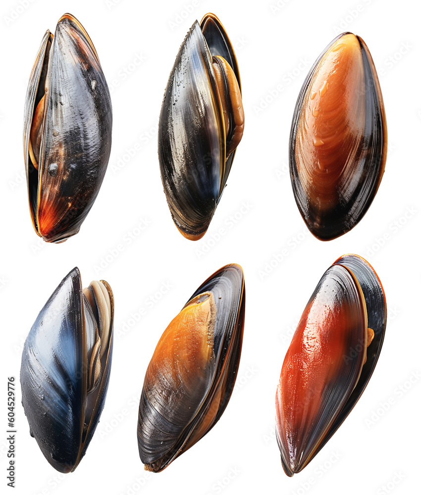 collection of individual mussels on a transparent background, Generative AI - obrazy, fototapety, plakaty 