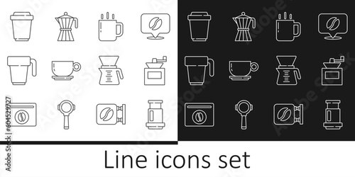 Set line Aeropress coffee, Manual grinder, Coffee cup, to go, Pour over maker and moca pot icon. Vector