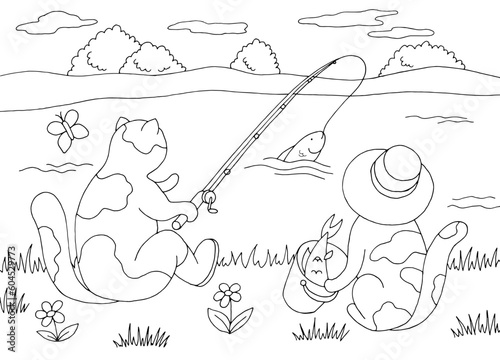 Cat catches fish with a fishing rod graphic black white landscape sketch illustration vector