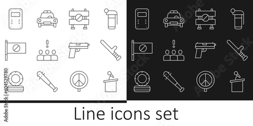 Set line Stage stand or tribune, Police rubber baton, Road barrier, Crowd protest, Protest, assault shield, Pistol gun and car flasher icon. Vector