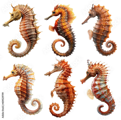 collection of six seahorses on a transparent background, Generative AI