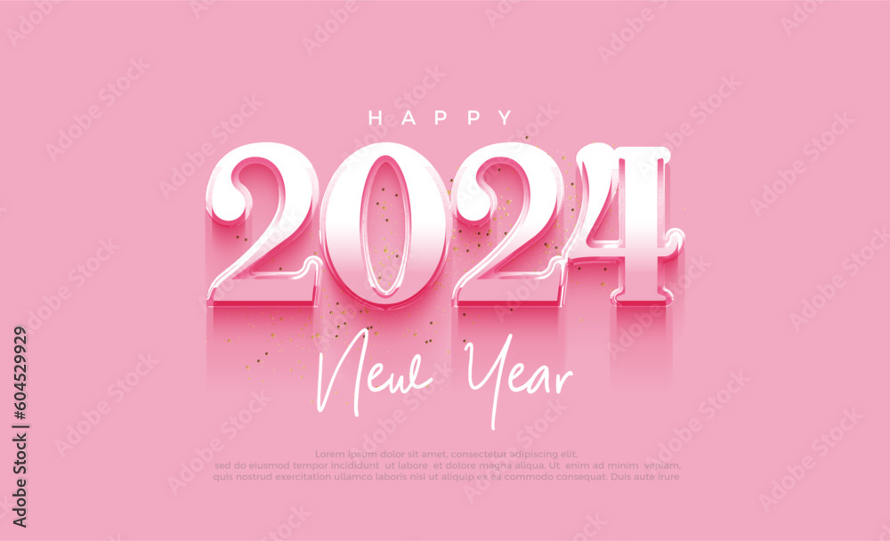 Happy new year 2024 classic number with metallic color on pink background. Premium vector design for banner, poster, social post and happy new year greeting.
