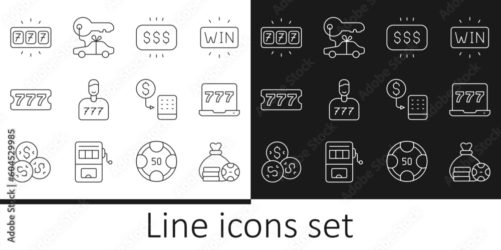 Set line Money bag, Laptop and slot machine, prize casino, Lucky player, Lottery ticket, Slot with jackpot, Casino chips exchange and Car gift icon. Vector