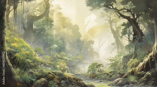 A captivating misty forest landscape illustration. Generative AI image © Анастасия Каргаполов