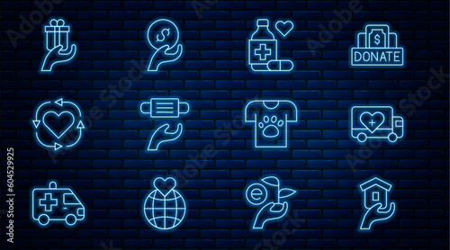 Set line Shelter for homeless, Humanitarian truck, Medicine bottle and pills, Medical protective mask, Volunteer, Give gift, Animal volunteer and Donation charity icon. Vector