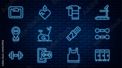 Set line Locker or changing room, Dumbbell, Towel on hanger, Stationary bicycle, Location gym, Bathroom scales, Protein sport bar and Heartbeat increase icon. Vector