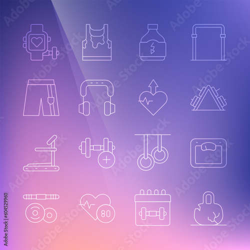 Set line Broken weight  Bathroom scales  Metal rack with  Sports nutrition  Headphones  Short pants  Smart watch heart and Heartbeat increase icon. Vector