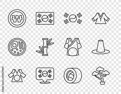Set line Kimono, Bonsai tree, South Korea flag, Location, Korean won coin, Bamboo, Sushi and hat icon. Vector