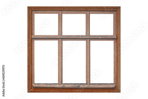Old big brown wooden window frame with six sashes isolated on transparent background.