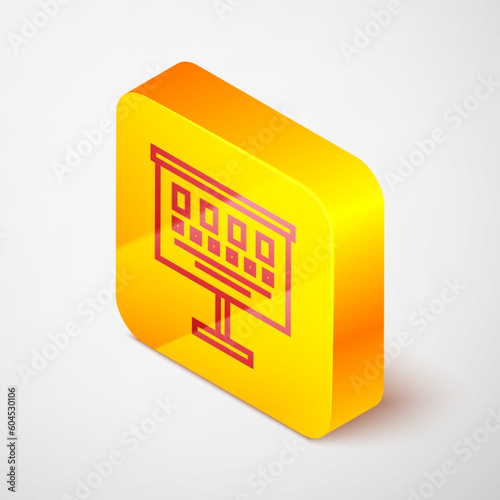 Isometric line Eye test chart icon isolated on grey background. Poster for vision testing in ophthalmic study. Snellen chart. Yellow square button. Vector Illustration