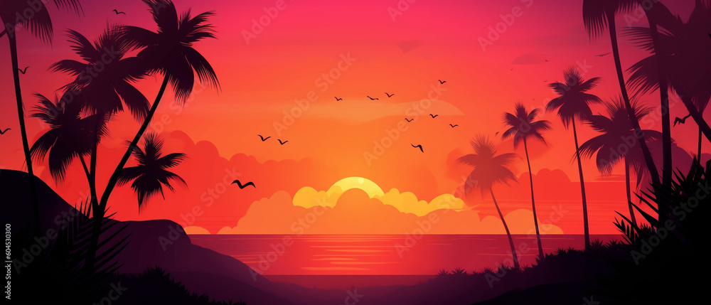 Obraz premium Vector background of summer tropical sunset. Generative AI image