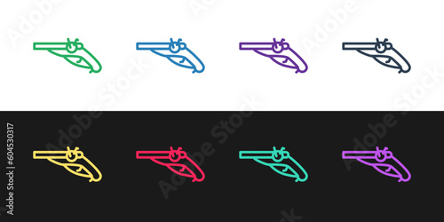 Set line Vintage pistols icon isolated on black and white background. Ancient weapon. Vector