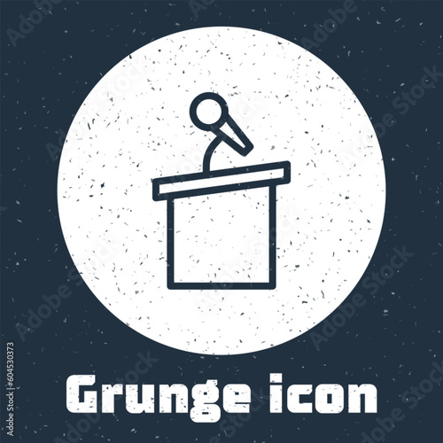 Grunge line Stage stand or debate podium rostrum icon isolated on grey background. Conference speech tribune. Monochrome vintage drawing. Vector