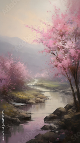 Pink sakura flowers in a panoramic landscape, wallpaper. Generative AI image © Анастасия Каргаполов