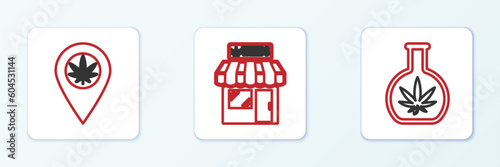 Set line Test tube with marijuana, Location and and Marijuana cannabis store icon. Vector