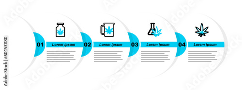 Set line Marijuana or cannabis leaf, Test tube with marijuana, Cup tea and Medical bottle icon. Vector