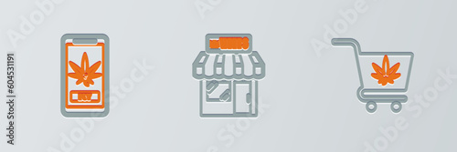 Set line Shopping cart with marijuana, Online buying and Marijuana and cannabis store icon. Vector