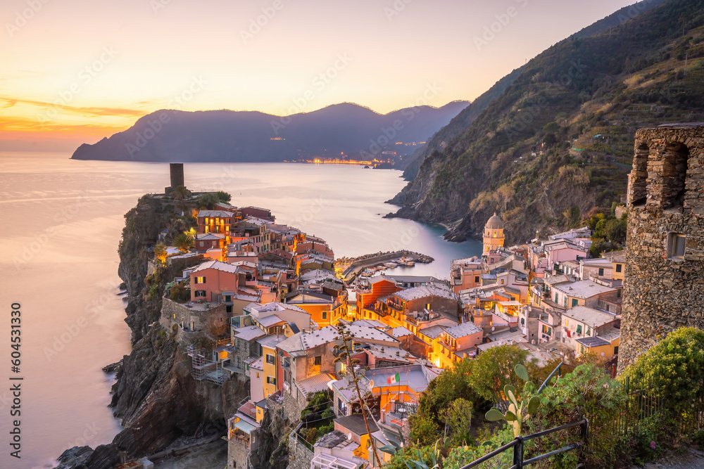 Colorful cityscape of buildings over Mediterranean sea, Europe, Cinque Terre in Italy