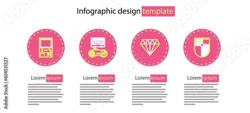 Set line Diamond, Shield for game, Game console with joystick and Retro arcade machine icon. Vector