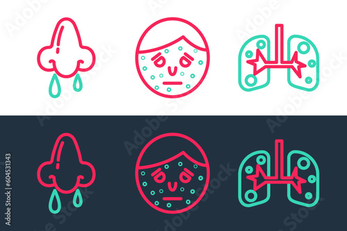 Set line Lungs, Runny nose and Face with psoriasis or eczema icon. Vector