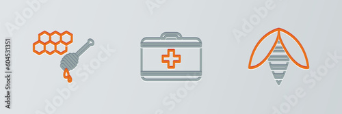 Set line Bee, Honeycomb with honey dipper and First aid kit icon. Vector