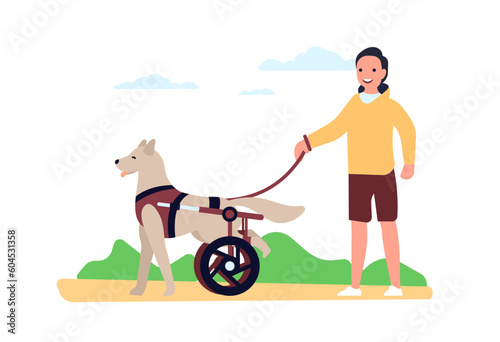 Boy walks his dog in wheelchair for his hind legs. Disabled pet walking in park with owner. Handicapped legless animal. Veterinary clinic cartoon flat isolated illustration. Vector concept