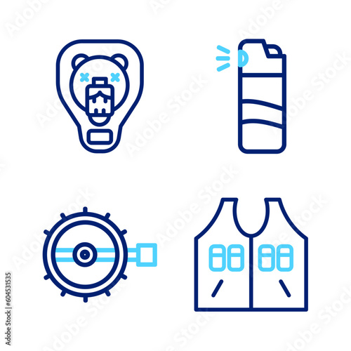 Set line Hunting jacket, Trap hunting, Pepper spray and Bear head on shield icon. Vector
