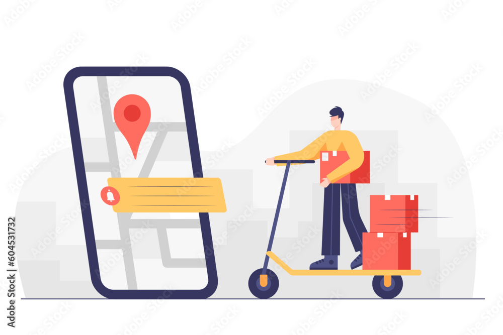 Young Delivery man use map on mobile phone to sending parcel Young Delivery man use map on mobile phone to sending parcel