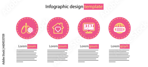 Set line Stay home, Earth with medical mask, House heart inside and Virus cells lung icon. Vector