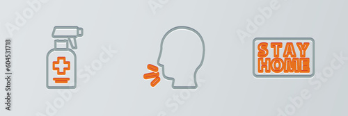 Set line Stay home, Liquid antibacterial soap and Man coughing icon. Vector