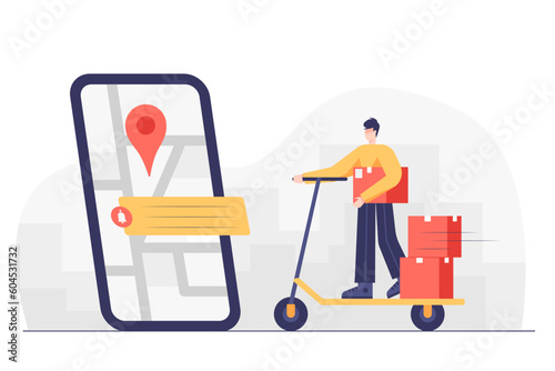 Young Delivery man use map on mobile phone to sending parcel