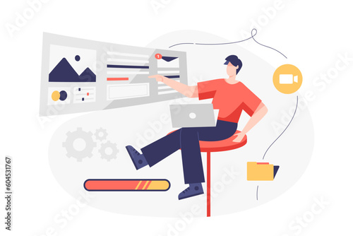 Young man editing digital movie on laptop vector