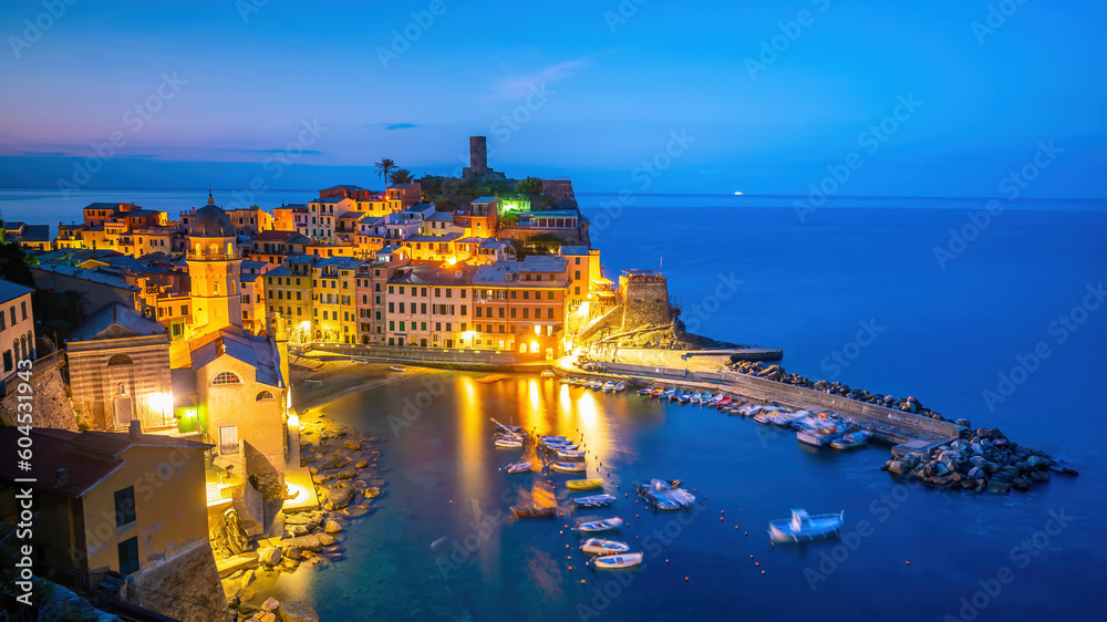 Colorful cityscape of buildings over Mediterranean sea, Europe, Cinque Terre in Italy