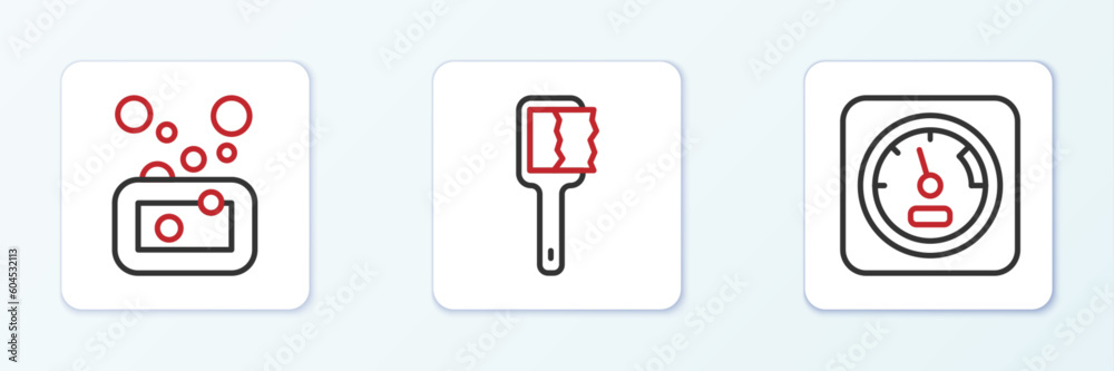 Set line Sauna thermometer, Bar of soap and brush icon. Vector Set line Sauna thermometer, Bar of soap and brush icon. Vector