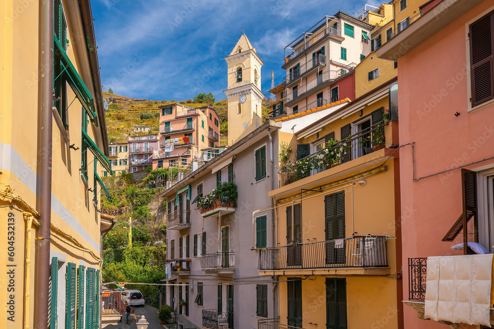 Colorful cityscape of buildings over Mediterranean sea, Europe, Cinque Terre in Italy Colorful cityscape of buildings over Mediterranean sea, Europe, Cinque Terre in Italy
