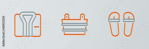 Set line Flip flops, Bathrobe and Sauna bucket icon. Vector
