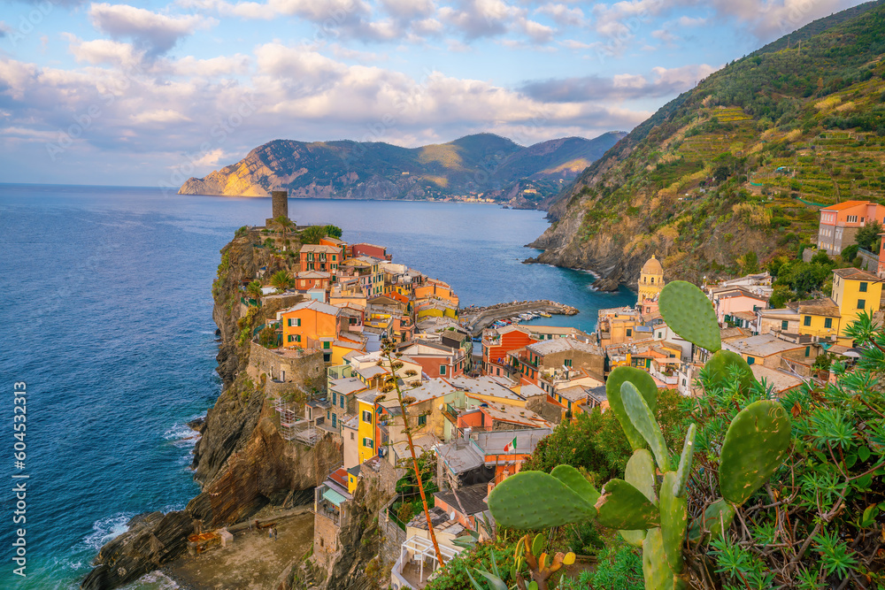 Colorful cityscape of buildings over Mediterranean sea, Europe, Cinque Terre in Italy