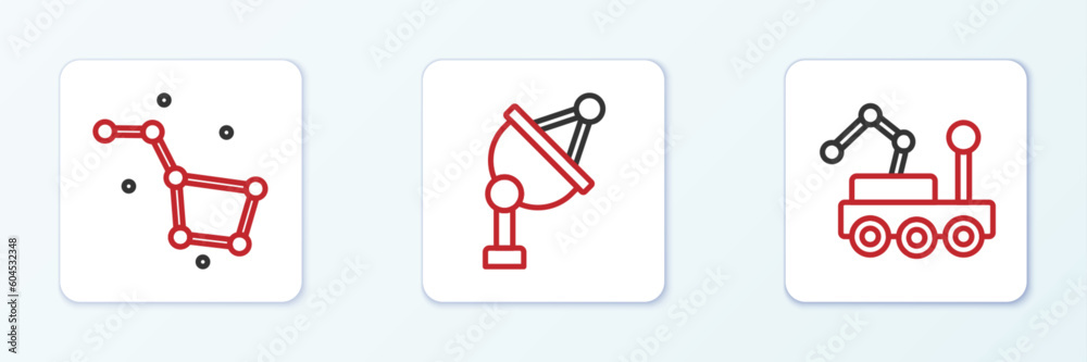 Set line Mars rover, Great Bear constellation and Satellite dish icon. Vector Set line Mars rover, Great Bear constellation and Satellite dish icon. Vector