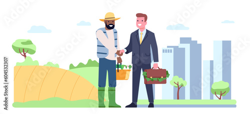 Businessman and farmer shake hands in agreement. Agree to supply organic products. Man buying eco vegetables and meat produce. Countryside and city landscape cartoon flat isolated vector concept