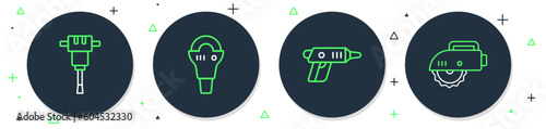 Set line Angle grinder, Electric cordless screwdriver, Construction jackhammer and circular saw icon. Vector