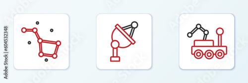 Set line Mars rover, Great Bear constellation and Satellite dish icon. Vector