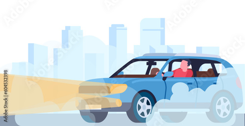 Car slowly drives down road in heavy fog with headlights on. Sedan automobile with bright lights urban landscape. Auto with glowing xenon lamps cartoon flat style isolated vector concept