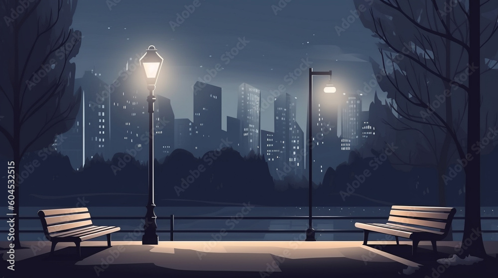 Vector illustration of bench and street light in city park at night ...