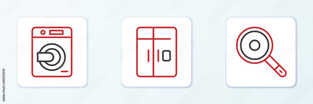 Set line Frying pan, Washer and Refrigerator icon. Vector