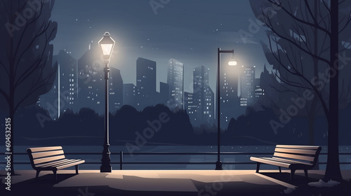 Vector illustration of bench and street light in city park at night. Generative AI image
