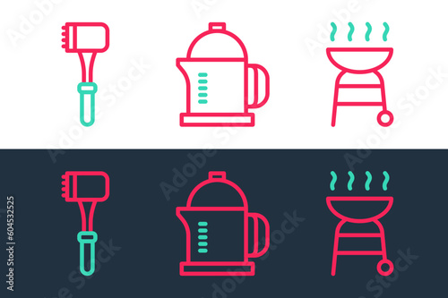 Set line Barbecue grill, Kitchen hammer and French press icon. Vector